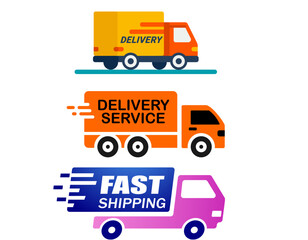 Fototapeta premium The image displays three colorful cartoon-style delivery trucks, each representing different shipping services like standard delivery, express service, and fast shipping, against a white background.