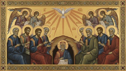 Fototapeta premium Divine descent of Holy Spirit on Apostles and angels during Pentecost. Religious icon art for spiritual church message.