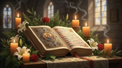 Fototapeta premium Open Bible with an angel illustration, candles and flowers in an old church setting. Religious concept for Christian faith and prayer.