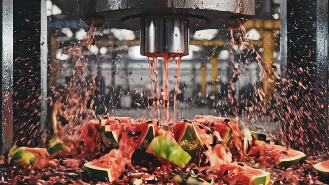 Industrial hydraulic press crushing whole watermelon with explosive force spraying red juice