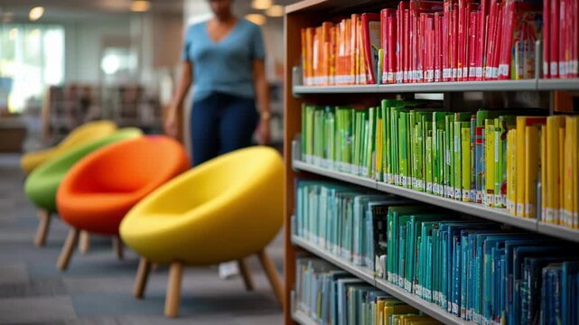 Medium shot of a learner browsing brightly colored graded readers on a wellstocked shelf cozy chairs and group study area gently blurred to emphasize the selection process.