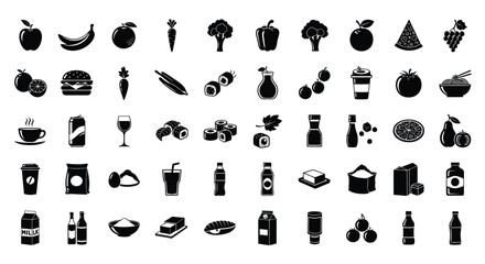 Obraz premium Collection of food and drink icons in modern black silhouettes