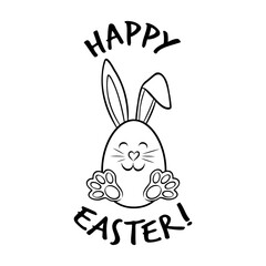 Obraz premium Happy Easter lettering with cute bunny illustration in doodle style. Minimalist hand drawn monochrome vector drawing expressing Easter holiday mood, celebration and festive design concept.