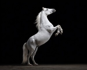 Fototapeta premium beautiful white horse rearing up on a black background
