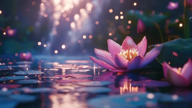 Beautiful purple lotus flower in pond at night with sparkling bokeh lights reflecting on the water surface.