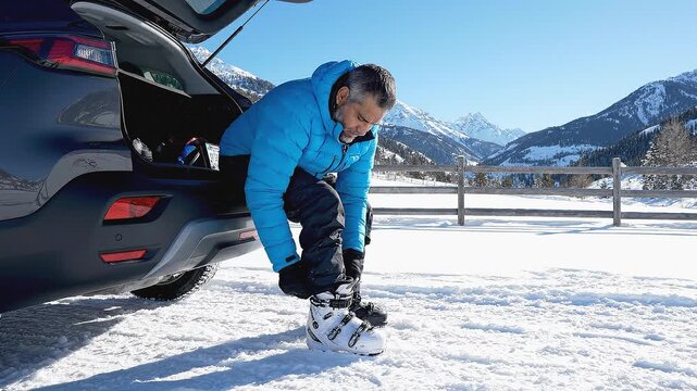 Man in blue jacket fastens ski boots while standing beside a car in a snowy landscape with mountains and clear blue sky in the background