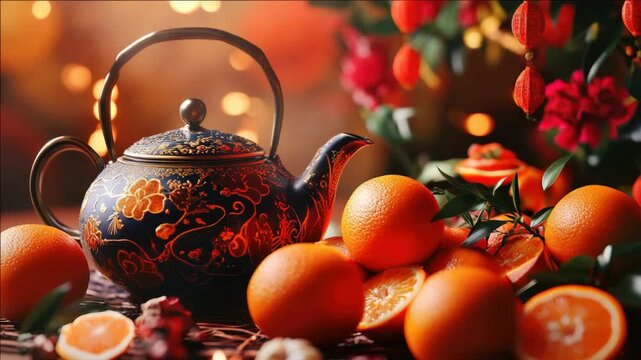 Holiday tea set with oranges and spices on table. Decorative and cozy Christmas seasonal arrangement.