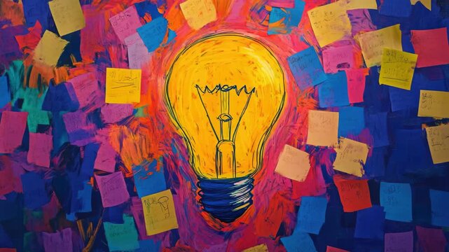 Artistic video of a lit lightbulb surrounded by various colored post-it notes, representing creativity and ideas.