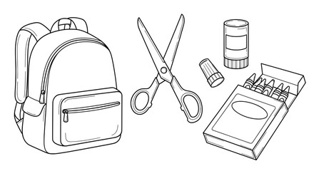 black and white line drawing of school supplies backpack scissors thread crayons