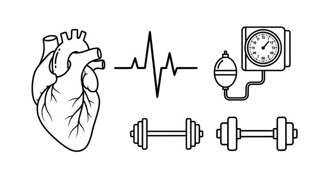 Human he with hebeat line and fitness equipment medical concept drawing