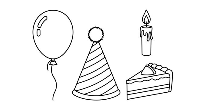 black white line drawing py balloon hats candle cake slice