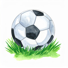 Fototapeta premium Watercolor painting of football ball on grass. Sport game equipment. Hand drawn sketchy lines, isolated
