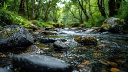 Obraz premium Clear stream in forest, rock and moss