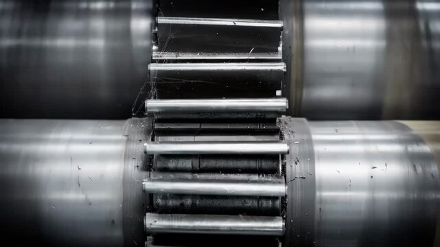 Closeup of cloth fibers caught between focused fixed ribs with rotating saw cylinders blurred portraying intricate lint removal in textile manufacturing.