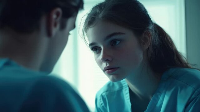 A young woman with a bandage on her forehead is speaking to a doctor about her health during an examination in the hospital.