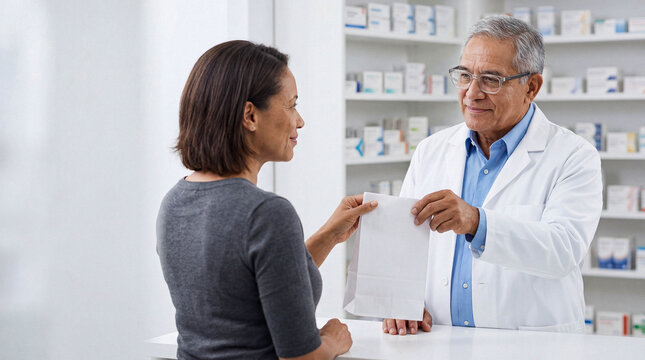 Senior Hispanic pharmacist in lab coat handing white paper bag to female customer over counter in bright pharmacy