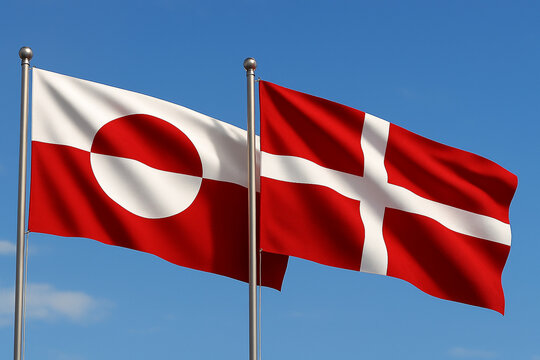 Flags of Denmark and Greenland together in sky