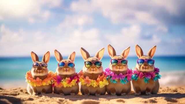 Dancing rabbits wearing sunglasses and flower leis on a tropical beach, enjoying a travel getaway with exotic ocean waves, a paradise holiday atmosphere.