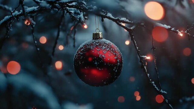 Pinata hanging on a branch, glowing with twinkling Christmas lights under the moonlight.