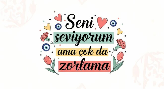 Colorful Turkish Valentine's Day illustration with typography "Seni seviyorum ama &ccedil;ok da zorlama", decorated with traditional evil eye beads, tulips, and carnations.