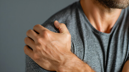 Man holding his shoulder in discomfort wearing a casual gray t-shirt on a neutral background with visible facial hair and stressed expression