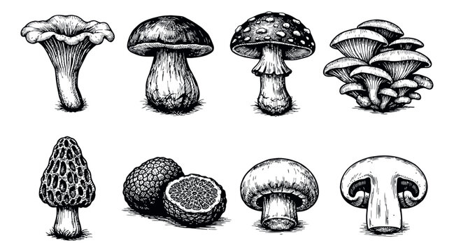 Hand drawn line art mushroom set featuring various edible and poisonous fungi for cooking and nature themes