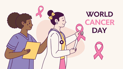 World Cancer Day Awareness Illustration with Doctor and Nurse Holding Pink Ribbon