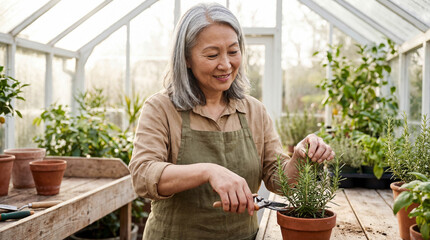 Obraz premium Senior East Asian woman with gray hair pruning a potted rosemary plant in a sunlit greenhouse.