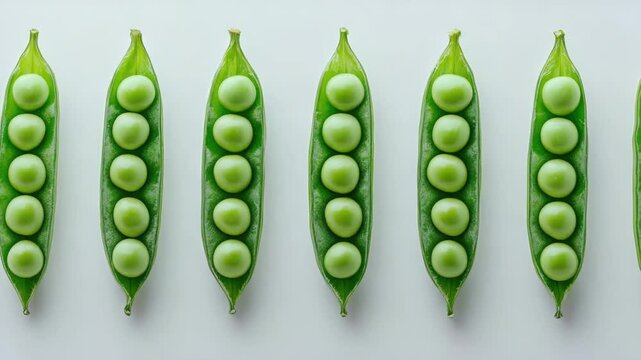 A row of open green pea pods with the peas inside, ready for harvest.