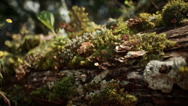 Moss and Mushrooms Growing on Fallen Log