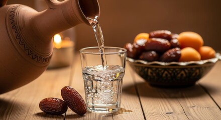 Water being poured into a glass, with dates and apricots on a wooden table