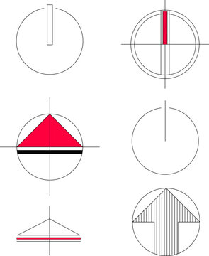 Technical vector illustration of minimalist north arrow symbols, featuring geometric circular designs with bold red and black line accents.