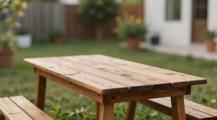 Wooden picnic table stands in a green yard with a blurred house in the background