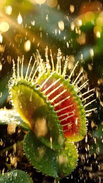 Venus flytrap plant with rain droplets in golden sunlight