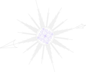Elegant vector illustration of an ornamental compass rose, featuring intricate radial sunburst lines and a purple floral center in line art.