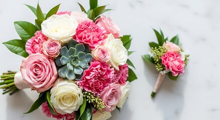 Wedding bouquet and boutonniere with roses, carnations, and greenery on marble background
