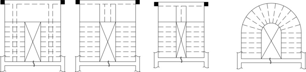 Technical vector illustration of four staircase floor plan variations, including U-shaped and semi-circular layouts in clean line art © Riki