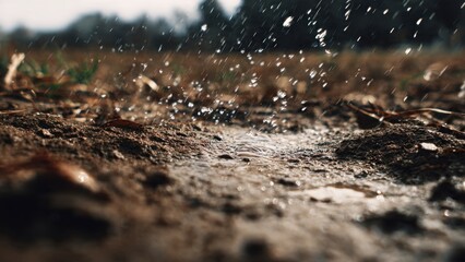Raindrops falling on soil