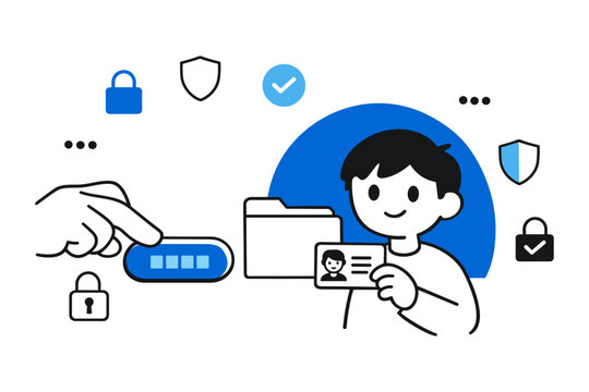 Cartoon of asian male child with id card and security icons