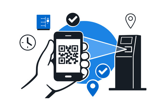 Mobile qr code payment at kiosk with time and location icons