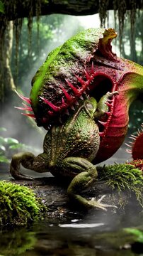 Carnivorous plant eating frog in a foggy rainforest