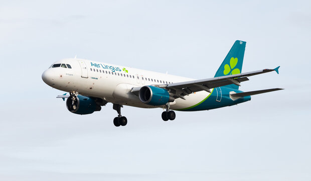 Barcelona, Spain - January 16, 2026: Aer Lingus company plane bort number EI-DEP landing at Josep Tarradellas Barcelona-El Prat Airport. Charter scheduled flights, .