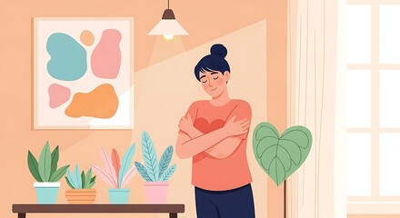 Woman embracing herself, cozy room setting with plants, artwork, and natural light