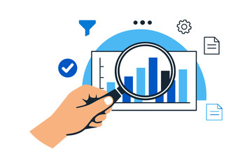 Hand holding magnifying glass analyzing blue bar chart with business icons
