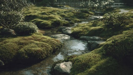 Serene stream flowing through mossy rocks