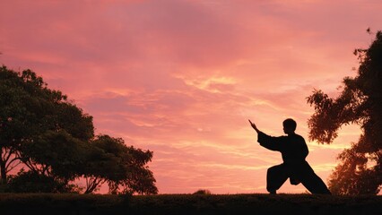 Silhouette practicing Tai Chi at sunset