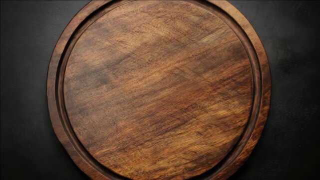 A round wooden cutting board with grain pattern and handle.