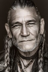 Fototapeta premium Portrait of an aged man with braids, wearing ornamental jewelries. His stern expression and weathered face speak volumes of experience
