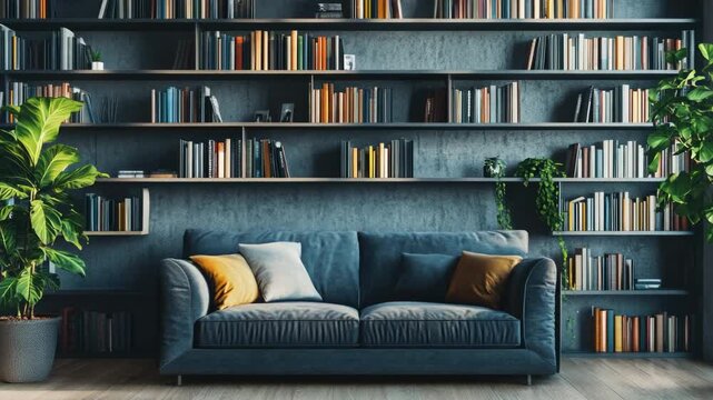 A modern, minimalist living room with a bookshelf and comfortable seating.