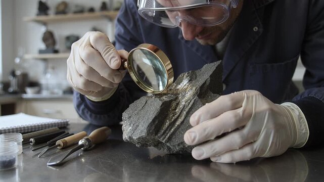 Male scientist examines mineral sample with magnifying glass in laboratory. Professional research and geological analysis concept. Suitable for science and education projects.